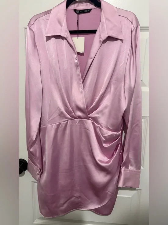 NWT Zara Pink Satin Faux Wrap Style Dress Size XL - Picture 1 of 9